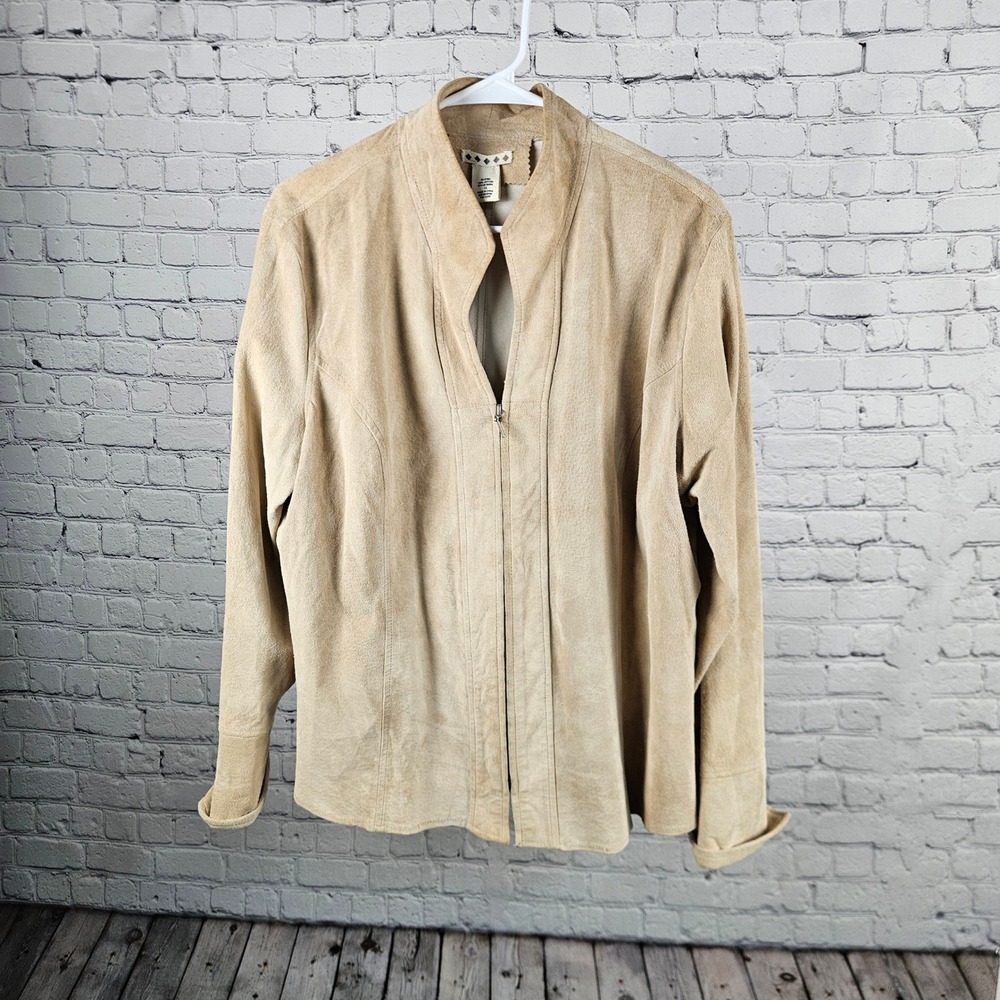 Tan Suede Leather Full Zip Jacket Stand Collar Size 1X Style 9938W